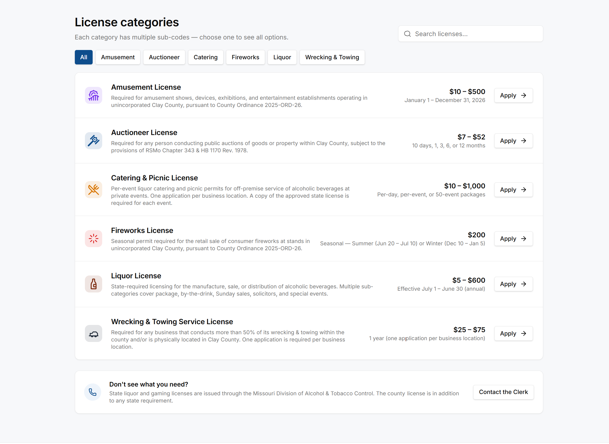 County licensing platform — license categories